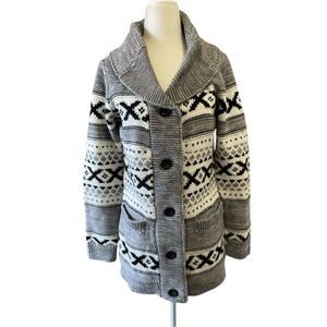 Nicole Miller Originals Cozy Gray Patterned Cardigan Shawl Collar Fair Isle Warm